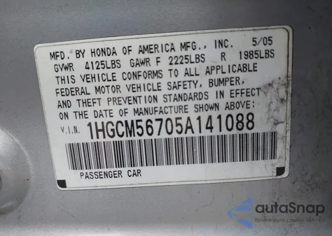 2005 Honda Accord 2.4 Ex from USA, damaged, VIN 1HGCM56705A141088